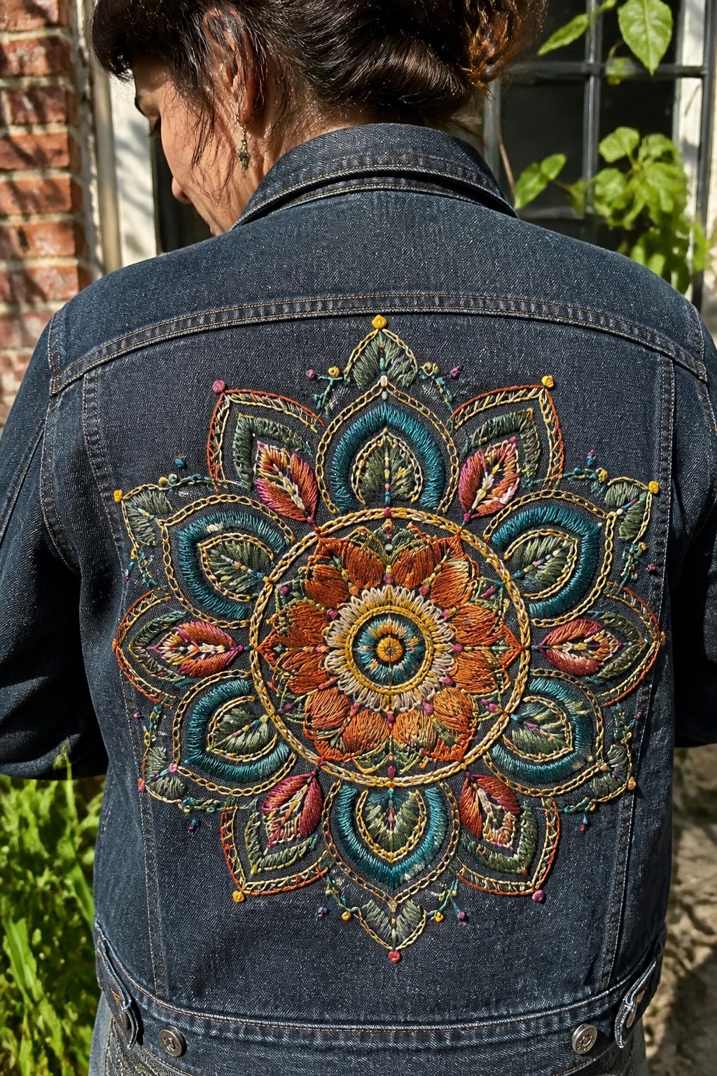 Vibrant multicolored mandala embroidery on back of denim jacket.