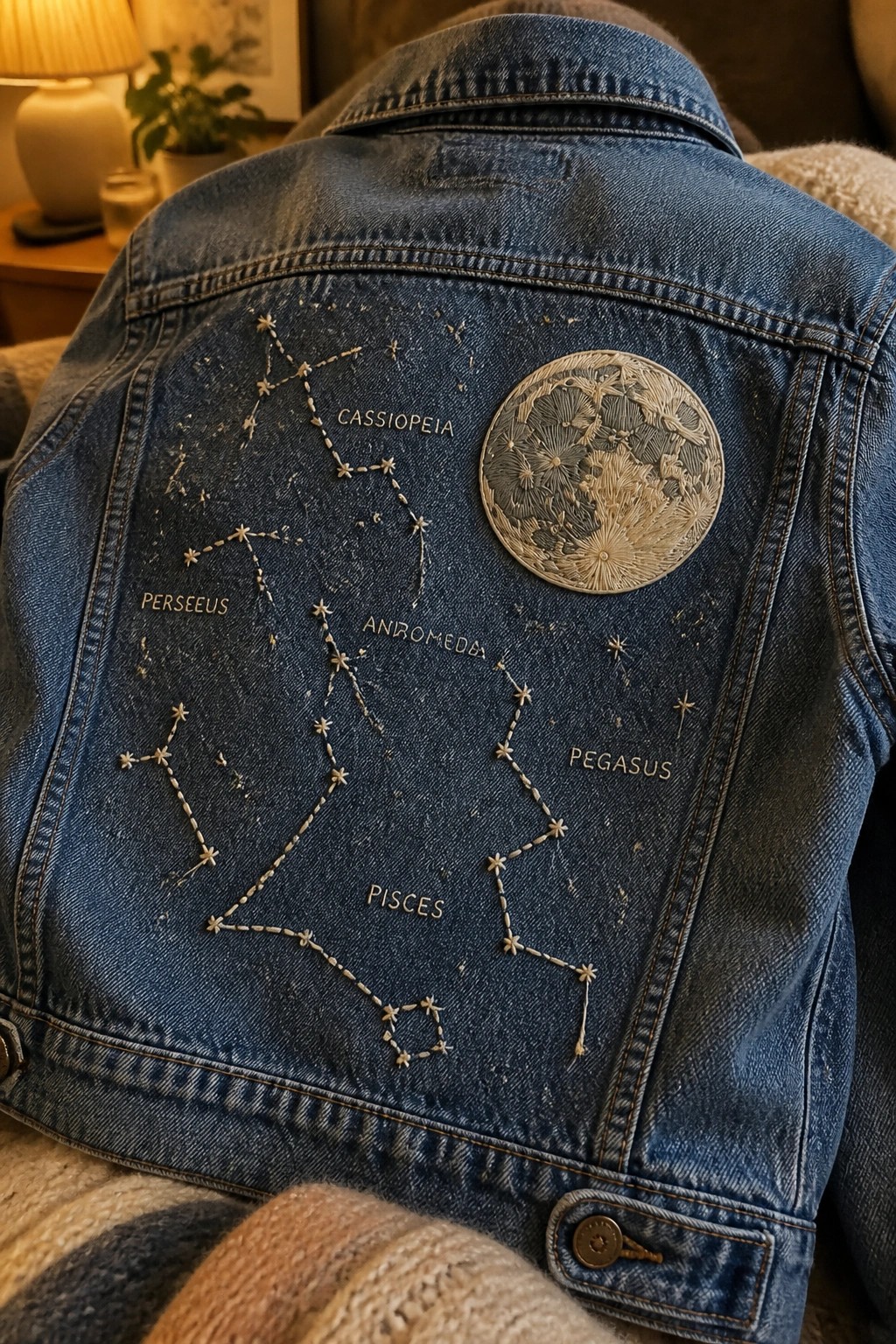 Blue denim jacket back embroidered with constellations and a circular celestial patch.