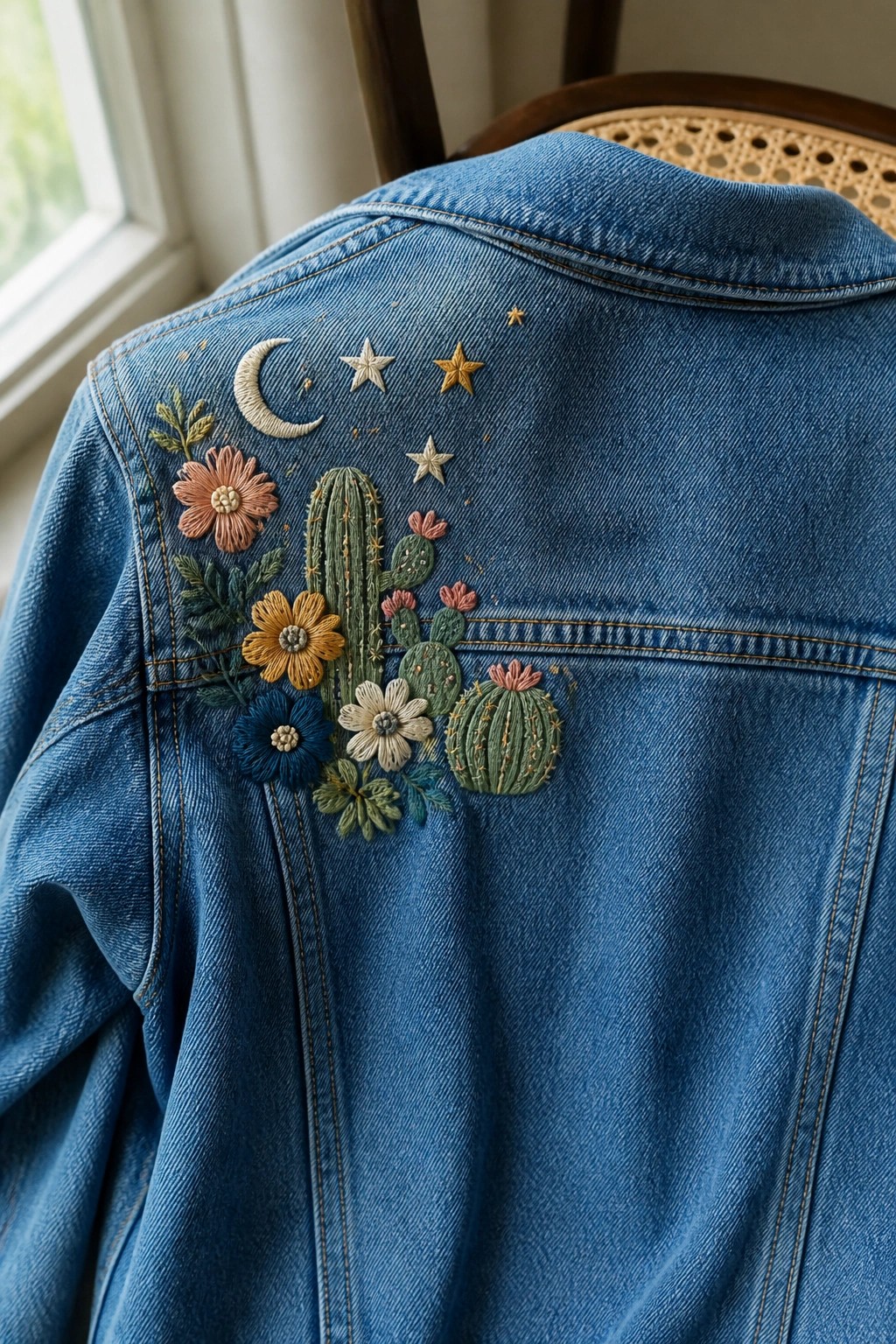 Blue denim jacket back with embroidered cacti, flowers, moon, and stars.