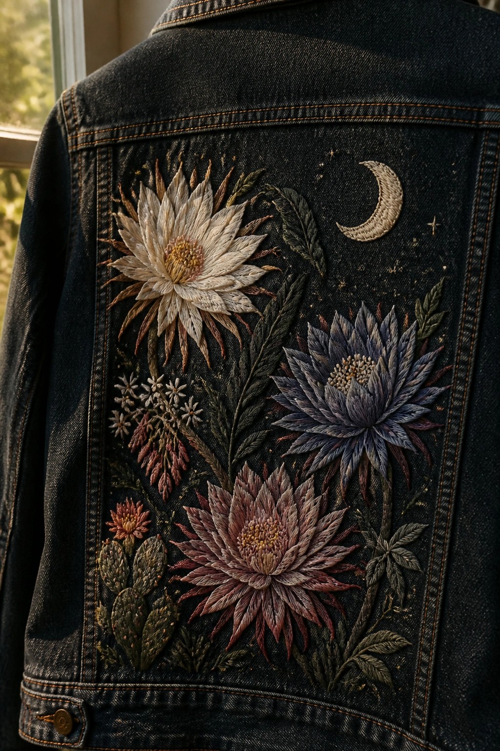 Close-up of dark denim jacket back embroidered with large flowers, cacti, leaves, a crescent moon, and stars.