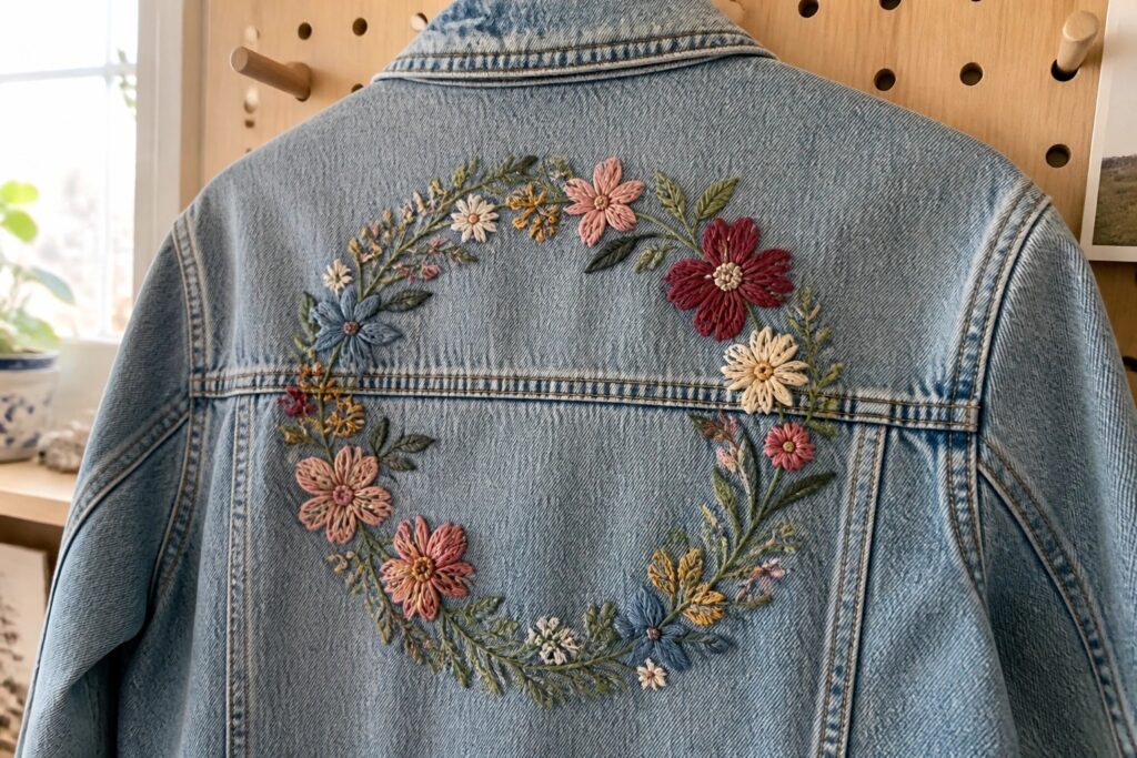 20 Stunning Embroidery Ideas for Denim Jackets With Back-Panel Designs Light blue denim jacket with colorful floral embroidery wreath on the back