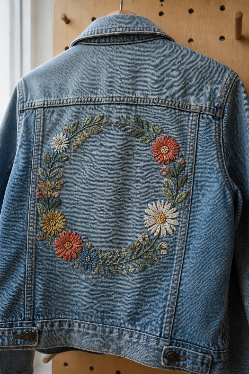 Light blue denim jacket with colorful floral embroidery wreath on the back
