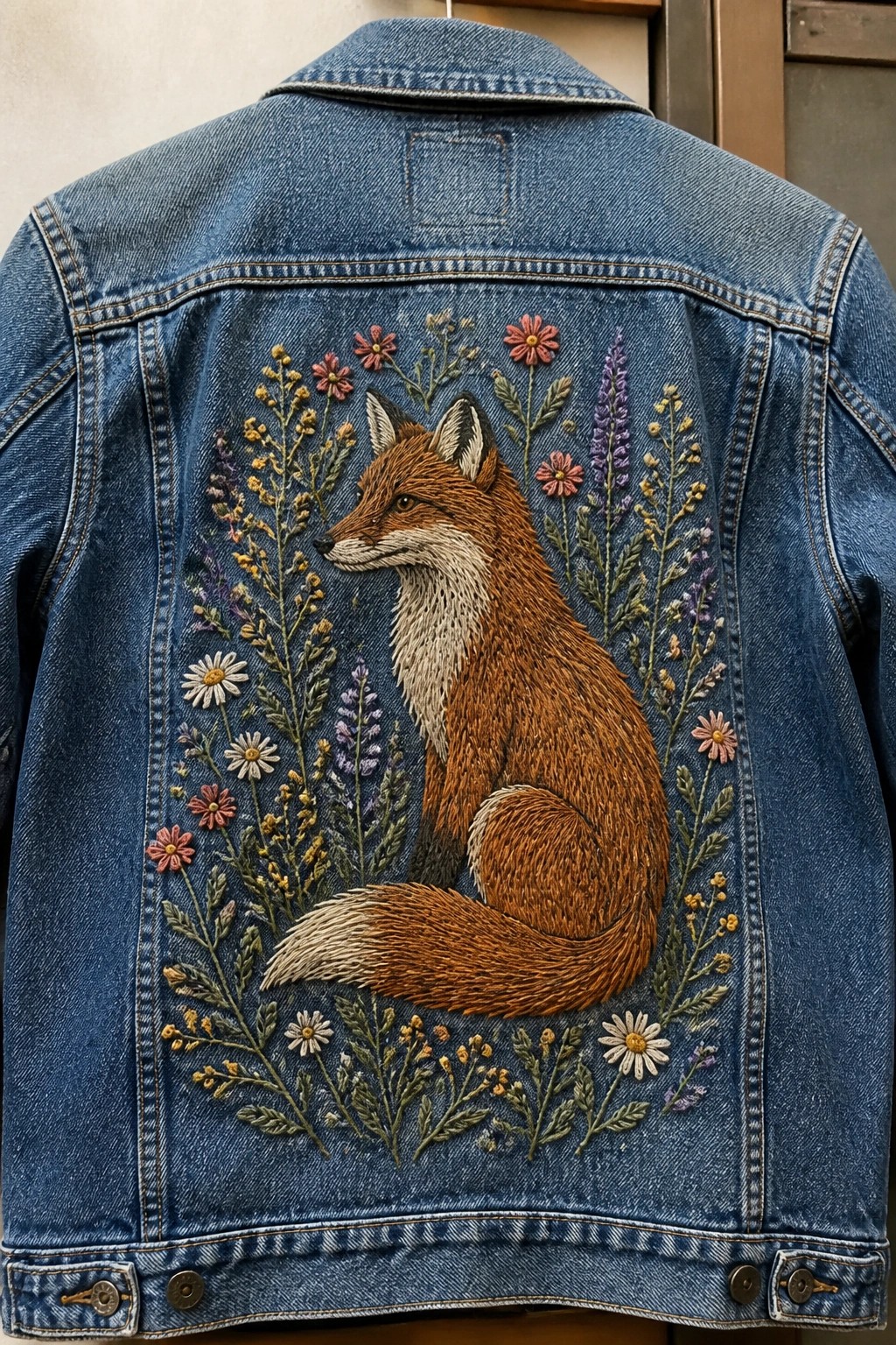 Blue denim jacket back embroidered with orange fox amid colorful wildflowers.