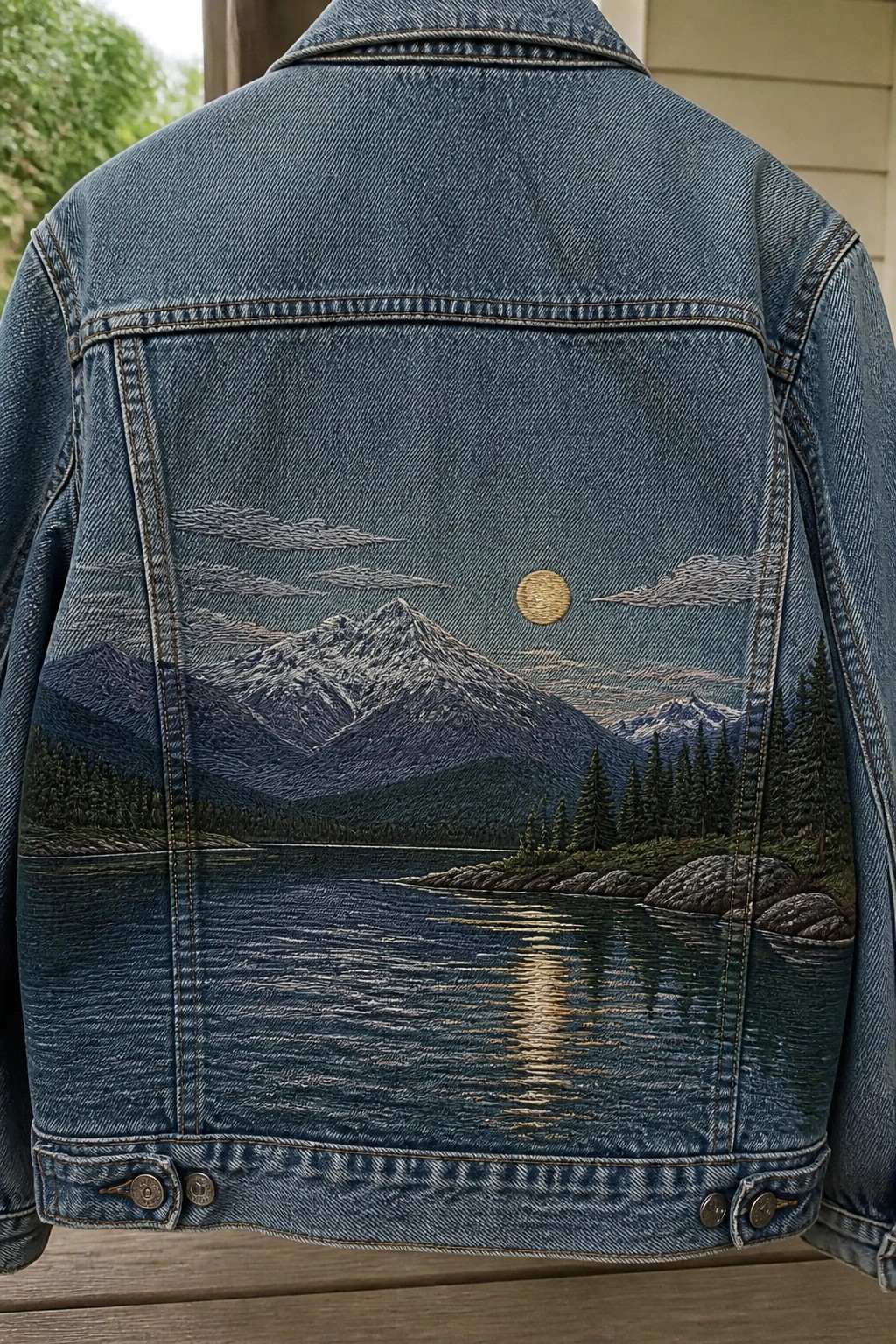 Blue denim jacket back embroidered with mountain lake scene and golden moon