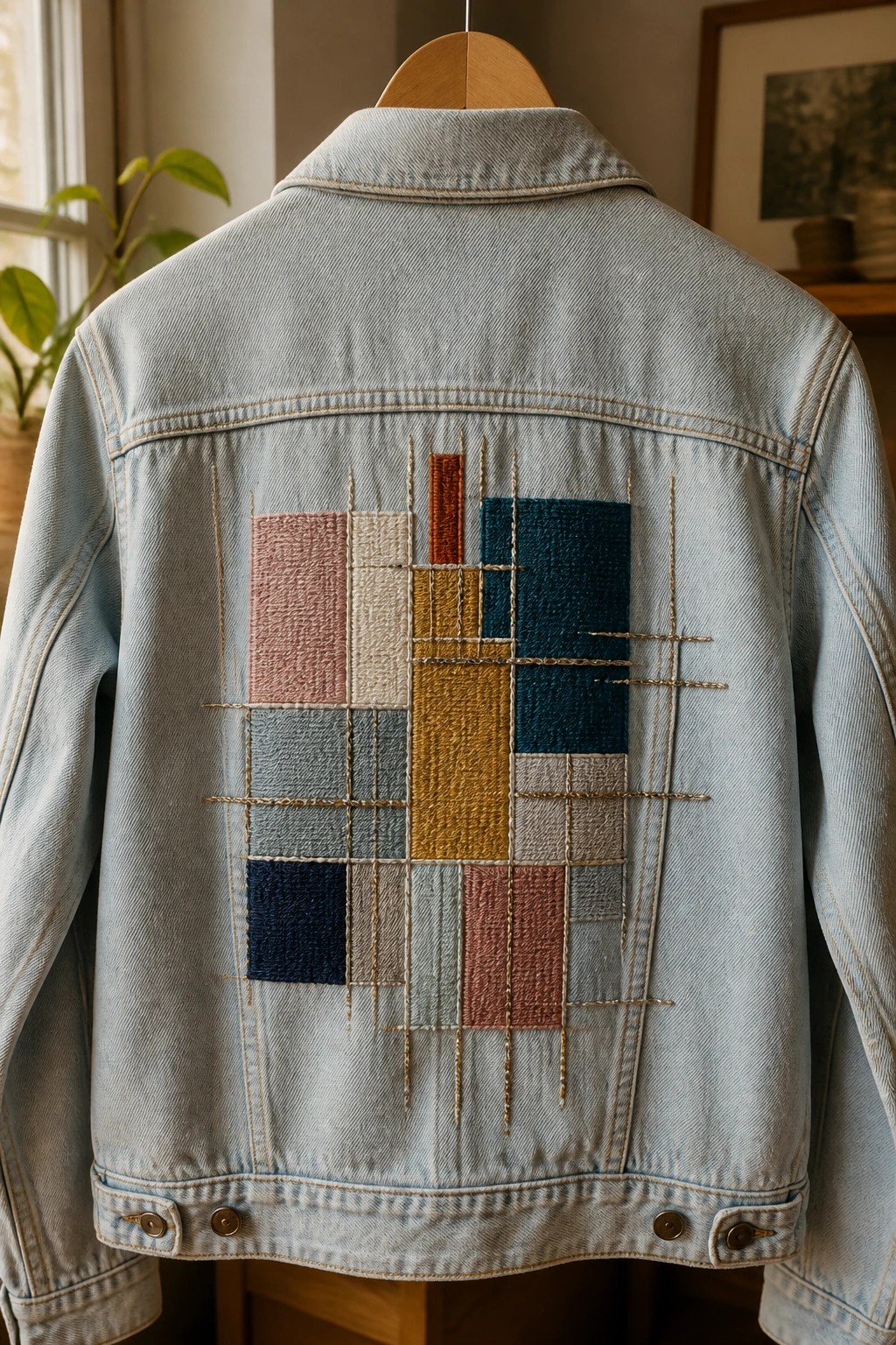 Light blue denim jacket with colorful geometric patchwork embroidery on the back.