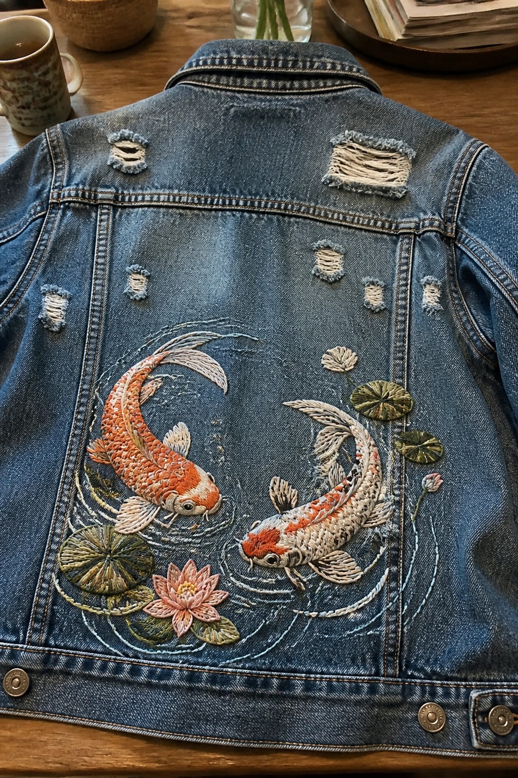 Distressed blue denim jacket back embroidered with two koi fish, lotus flowers, and lily pads.