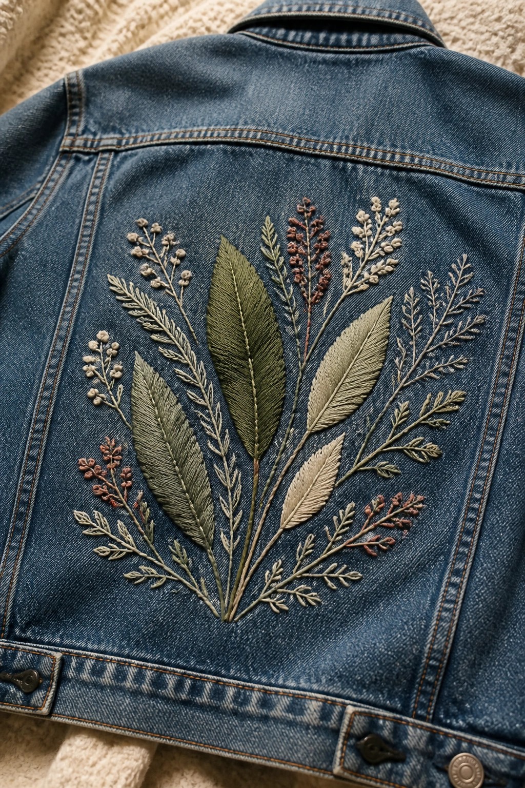 Blue denim jacket back with embroidered green leaves and brown floral motifs.