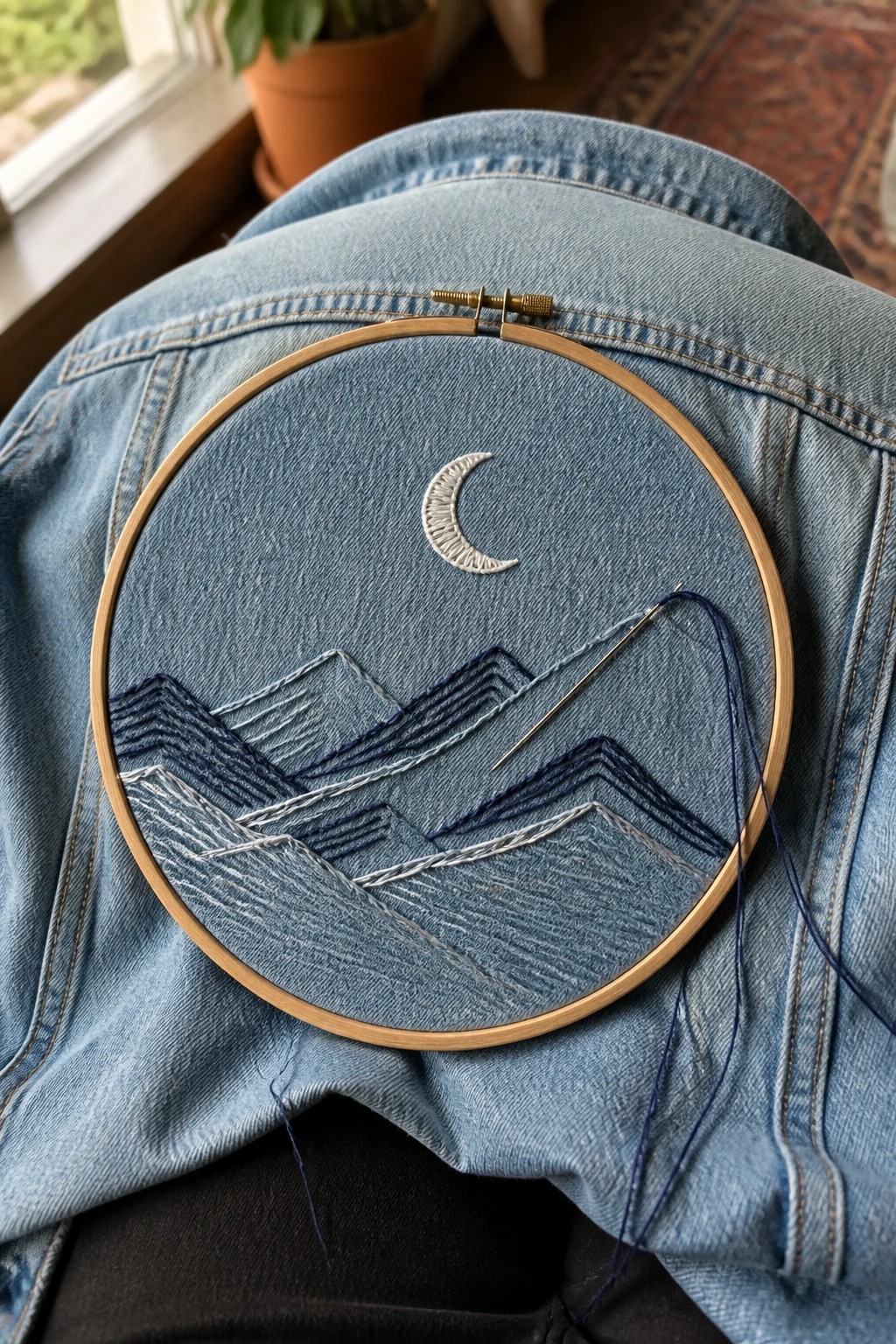 Denim jacket back with embroidery hoop displaying blue mountain layers and a white crescent moon.