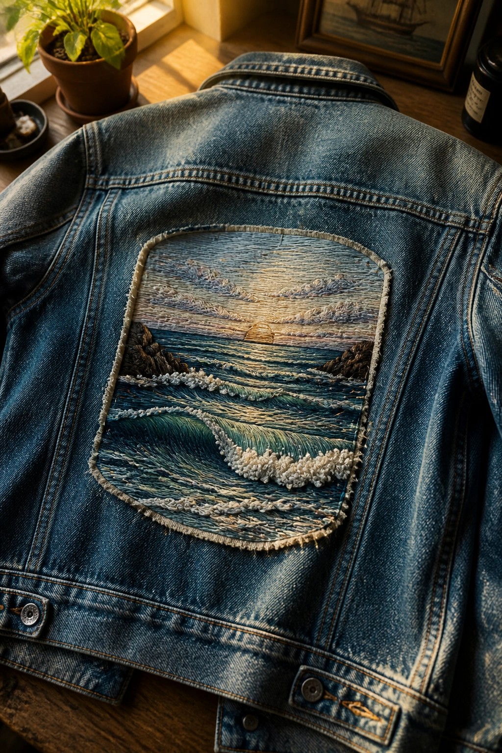A blue denim jacket with a large embroidered ocean sunset and waves covering the back panel.