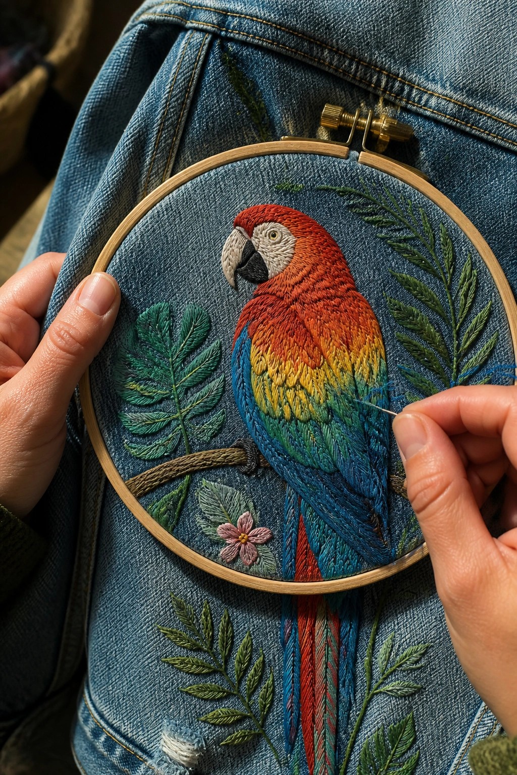 Hands stitching colorful parrot embroidery on blue denim jeans in hoop
