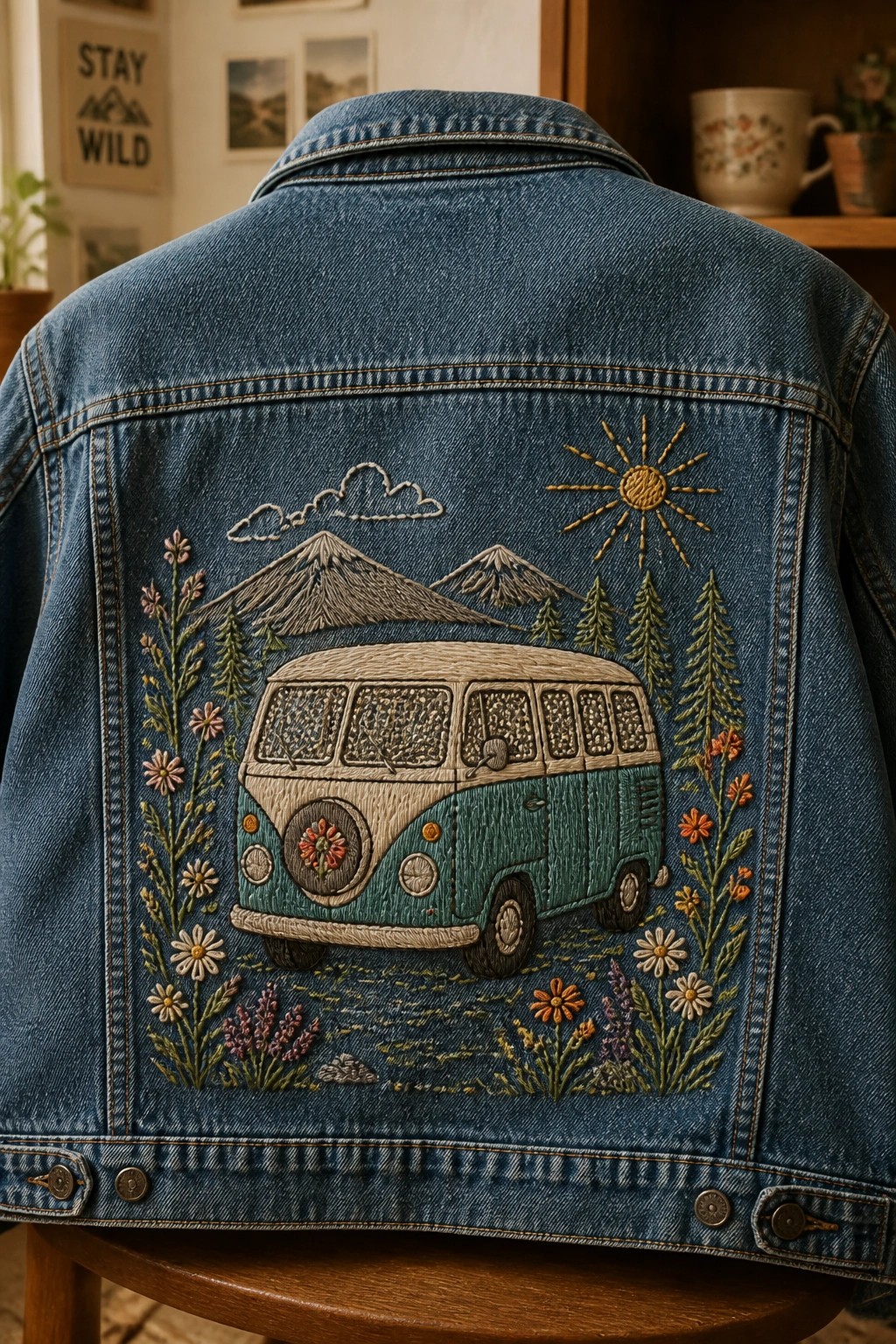 Blue denim jacket embroidered with VW bus, mountains, sun, and wildflowers.