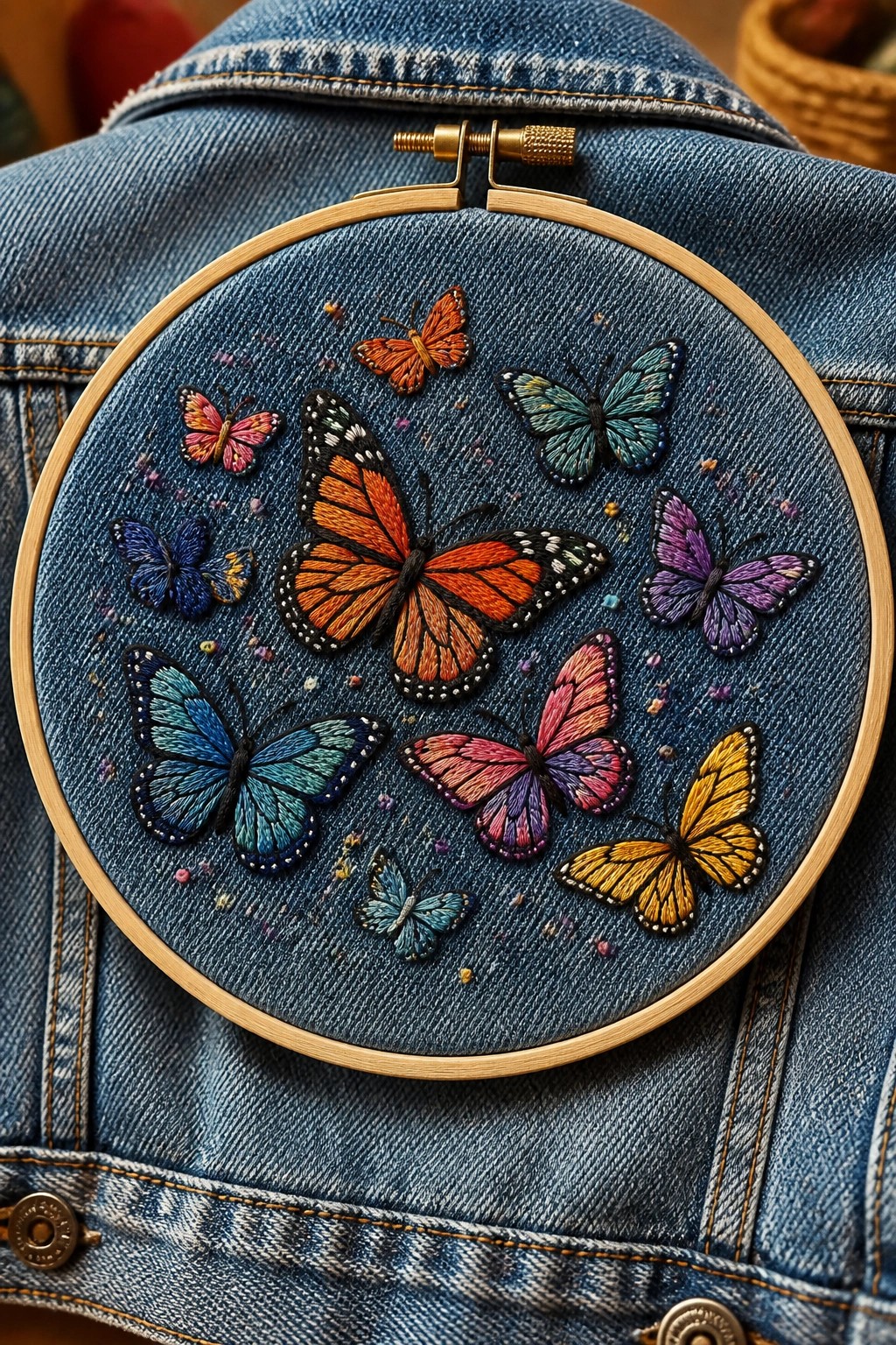 Colorful embroidered butterflies in wooden hoop on blue denim jacket