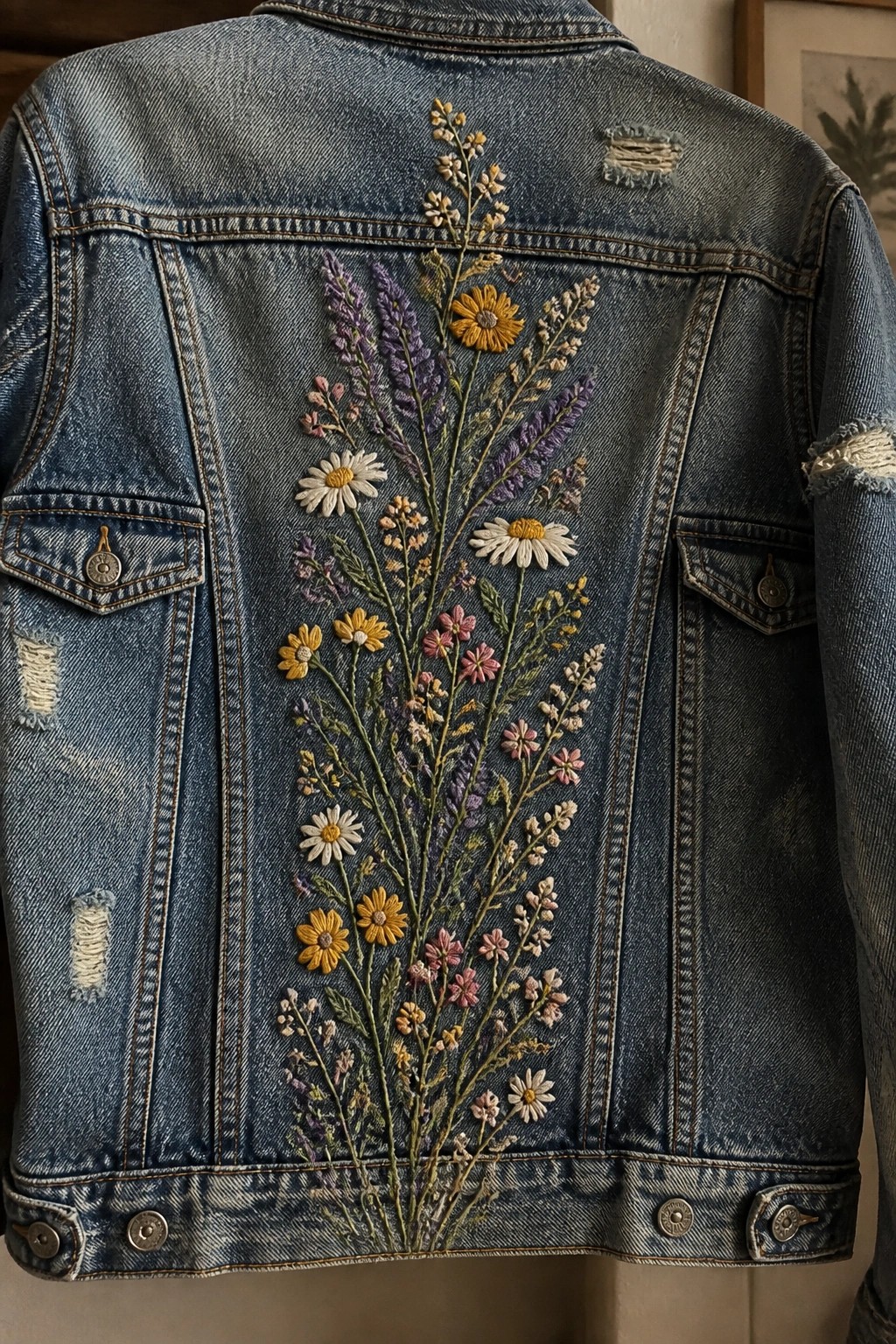 Distressed blue denim jacket back with colorful wildflower embroidery in yellow, pink, and purple.