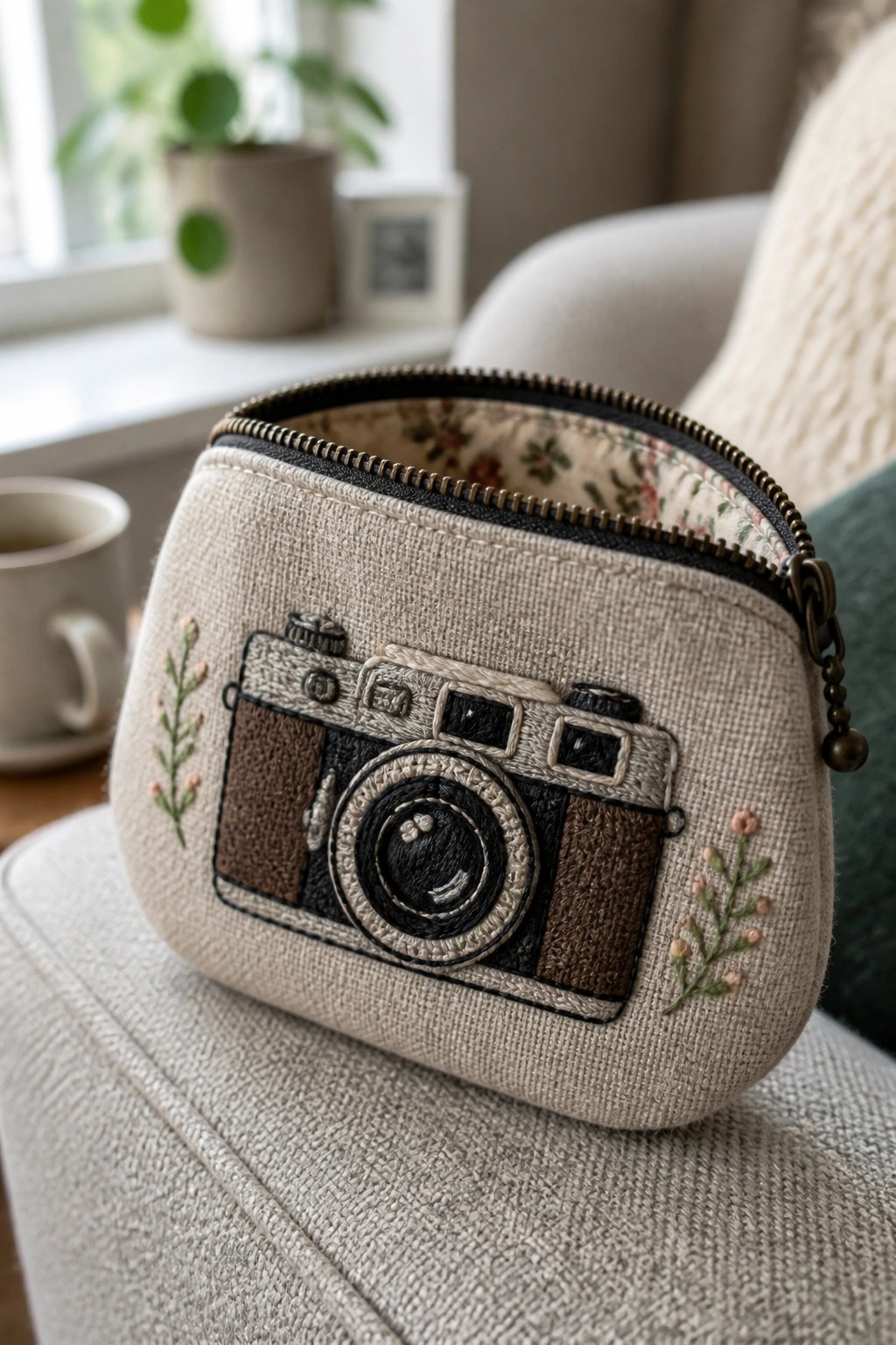 Beige fabric pouch with embroidered vintage camera, floral accents, and open zipper.
