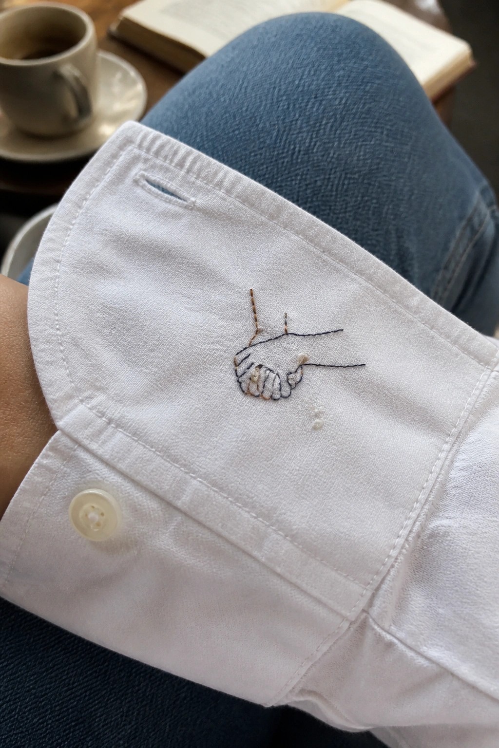 White shirt cuff with embroidered handshake, blue jeans, coffee cup and open book.