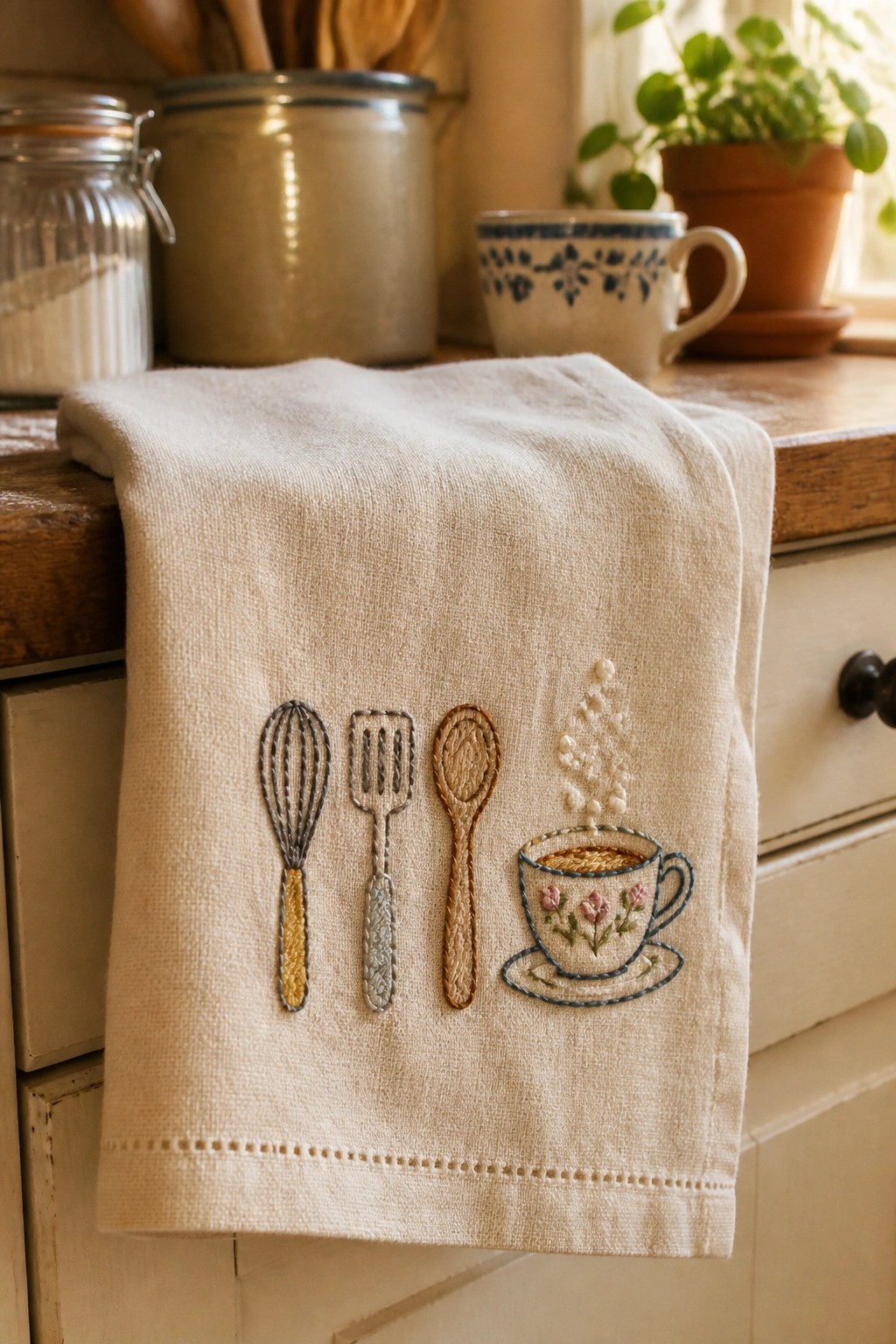 Embroidered cream towel with whisk, spatula, spoon, and floral coffee cup on counter