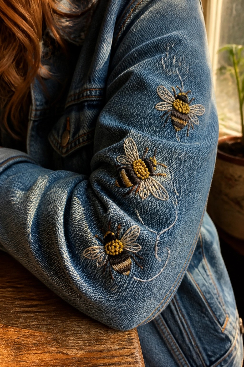 Blue denim jacket sleeve with three yellow-and-black embroidered bees