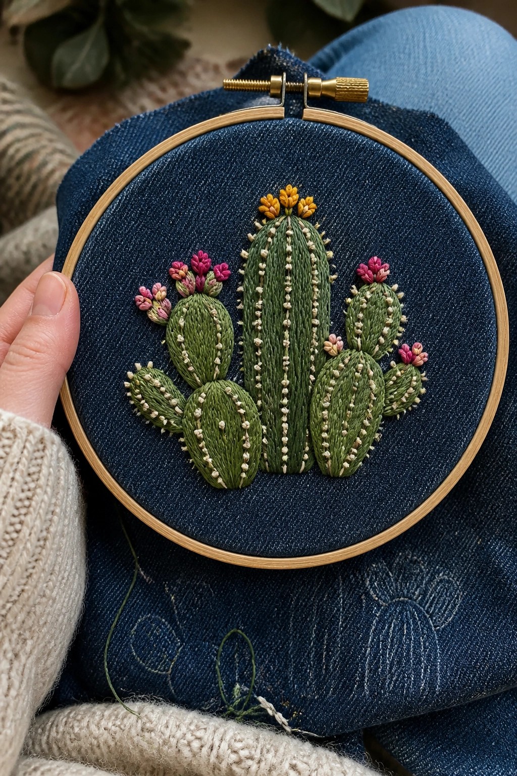 Blue denim fabric in an embroidery hoop shows a cluster of green cacti with pink and yellow flowers stitched on it.