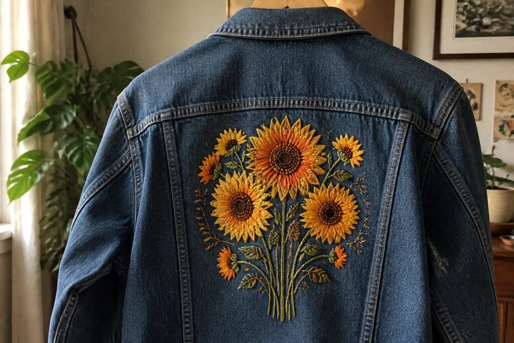 Blue denim jacket with large embroidered sunflower bouquet on the back.