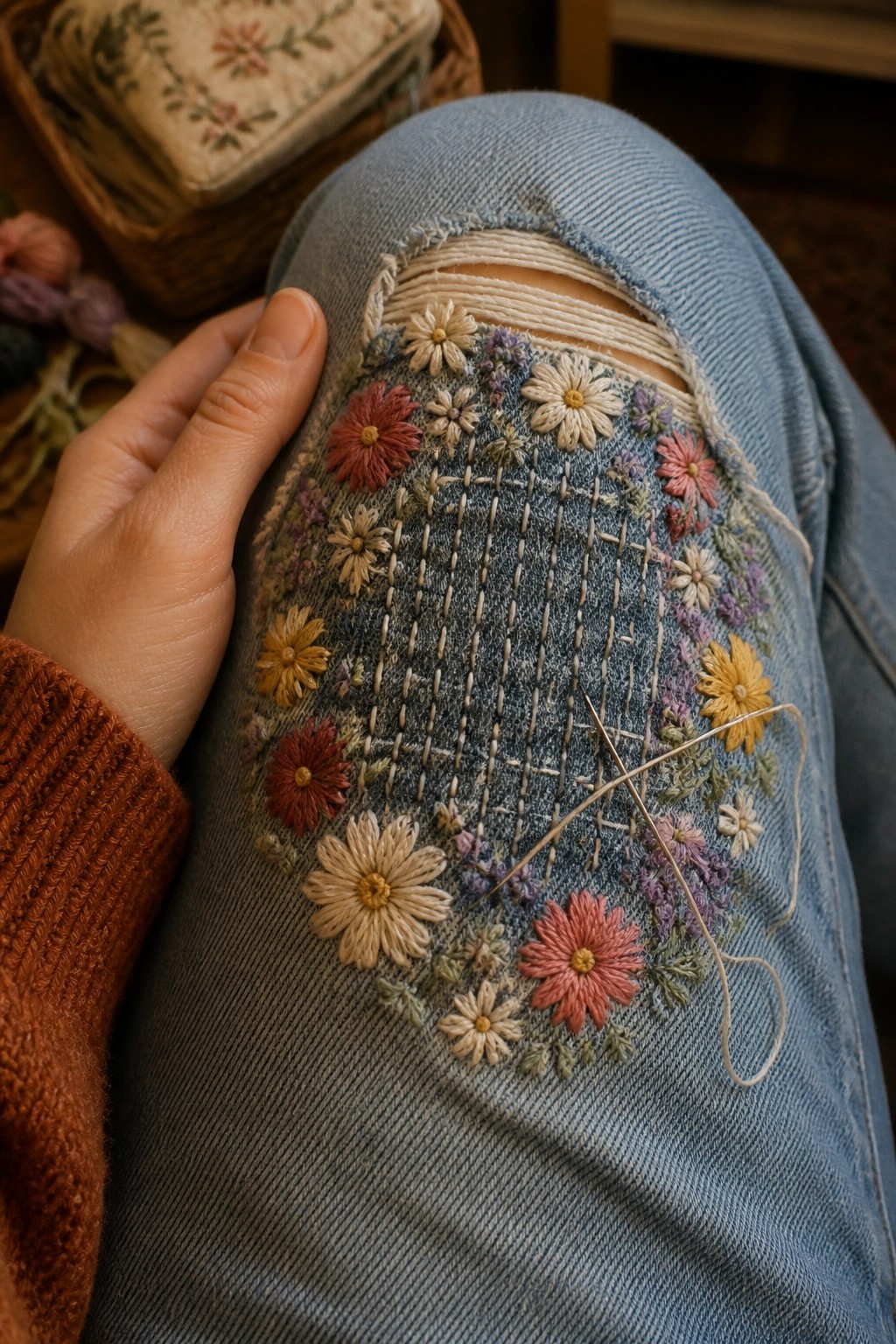 Hand on knee of ripped jeans with colorful floral embroidery and needle