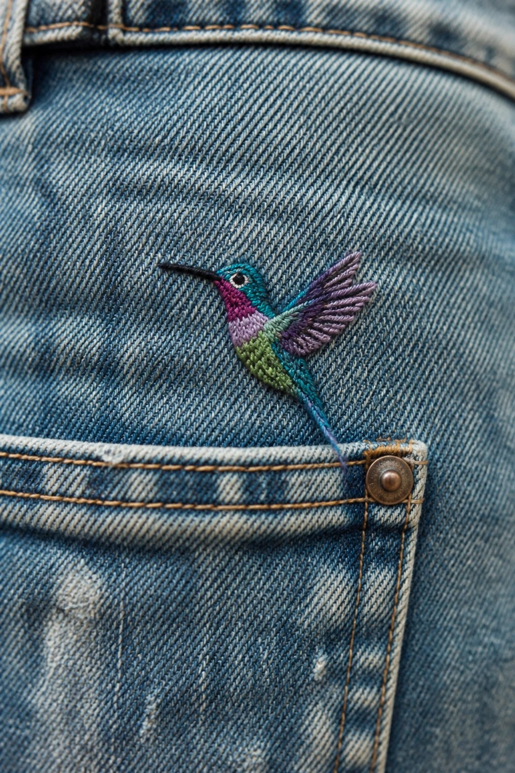Colorful embroidered hummingbird on faded blue denim jeans near pocket button