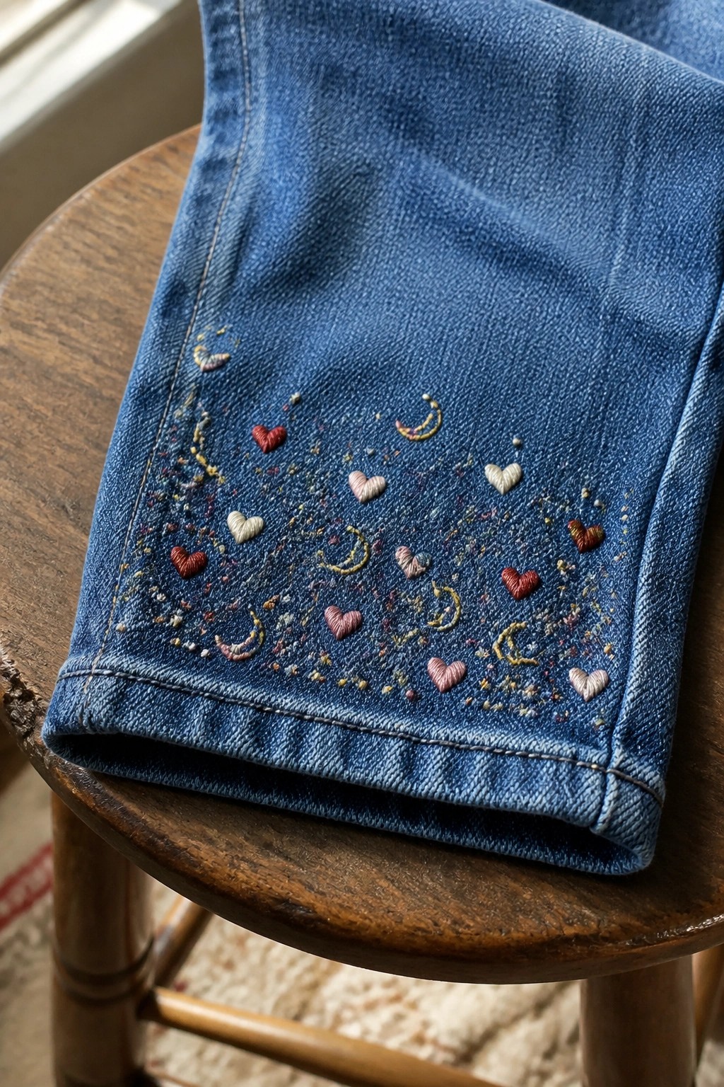 Blue denim jeans with colorful heart and moon embroidery on wooden stool.