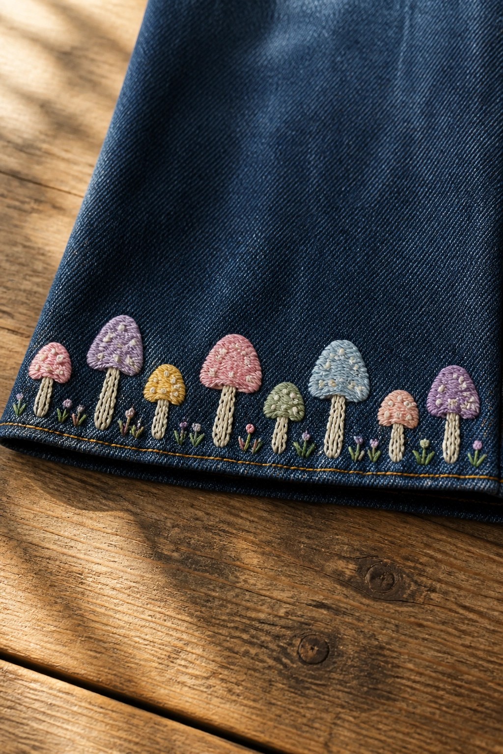 Blue denim hem embroidered with colorful mushrooms and tiny flowers on wood.