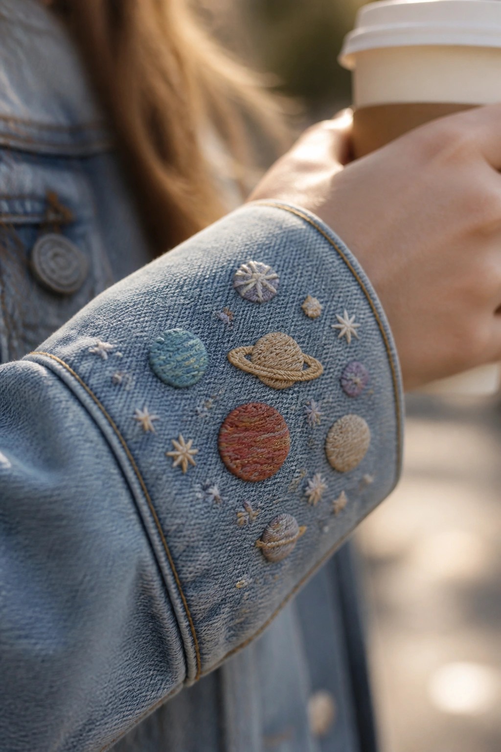 Close-up of light blue denim jacket cuff embroidered with planets, stars, and small celestial shapes in muted colors.