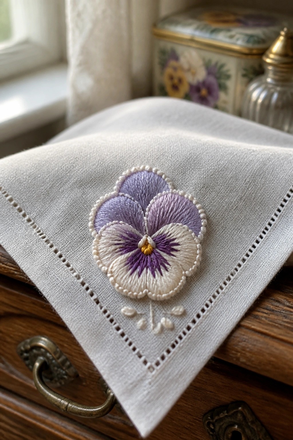 White linen cloth with purple and white embroidered pansy and hemstitched border.