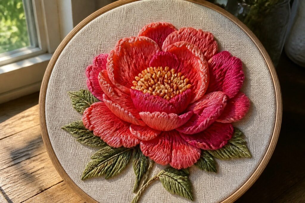 20 Bold 3D Flower Embroidery Designs With Raised Petal Details Embroidered pink and red peony with yellow center and green leaves in hoop