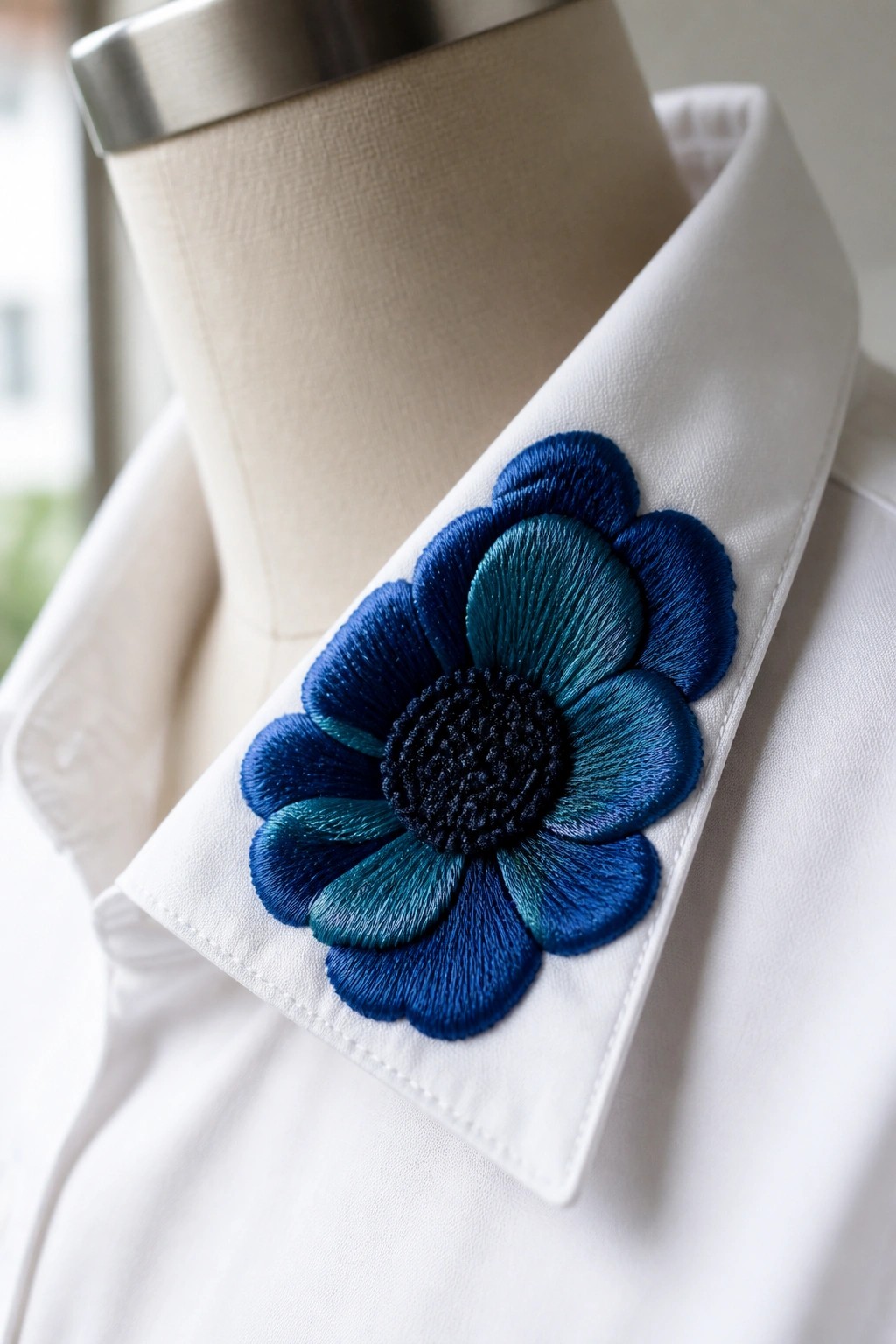 White shirt collar with large blue and teal embroidered flower on mannequin