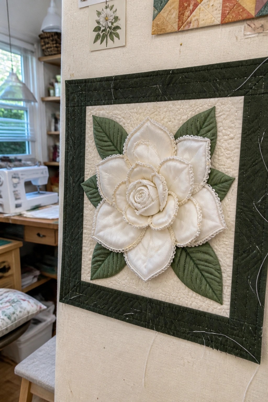 White satin rose with lace edges and green leaves on quilted panel