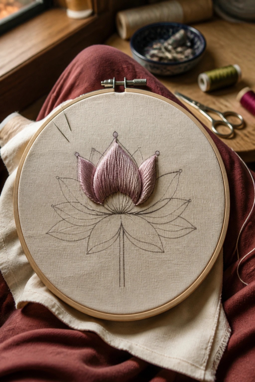 Pink lotus partially embroidered in hoop on maroon pants amid craft supplies