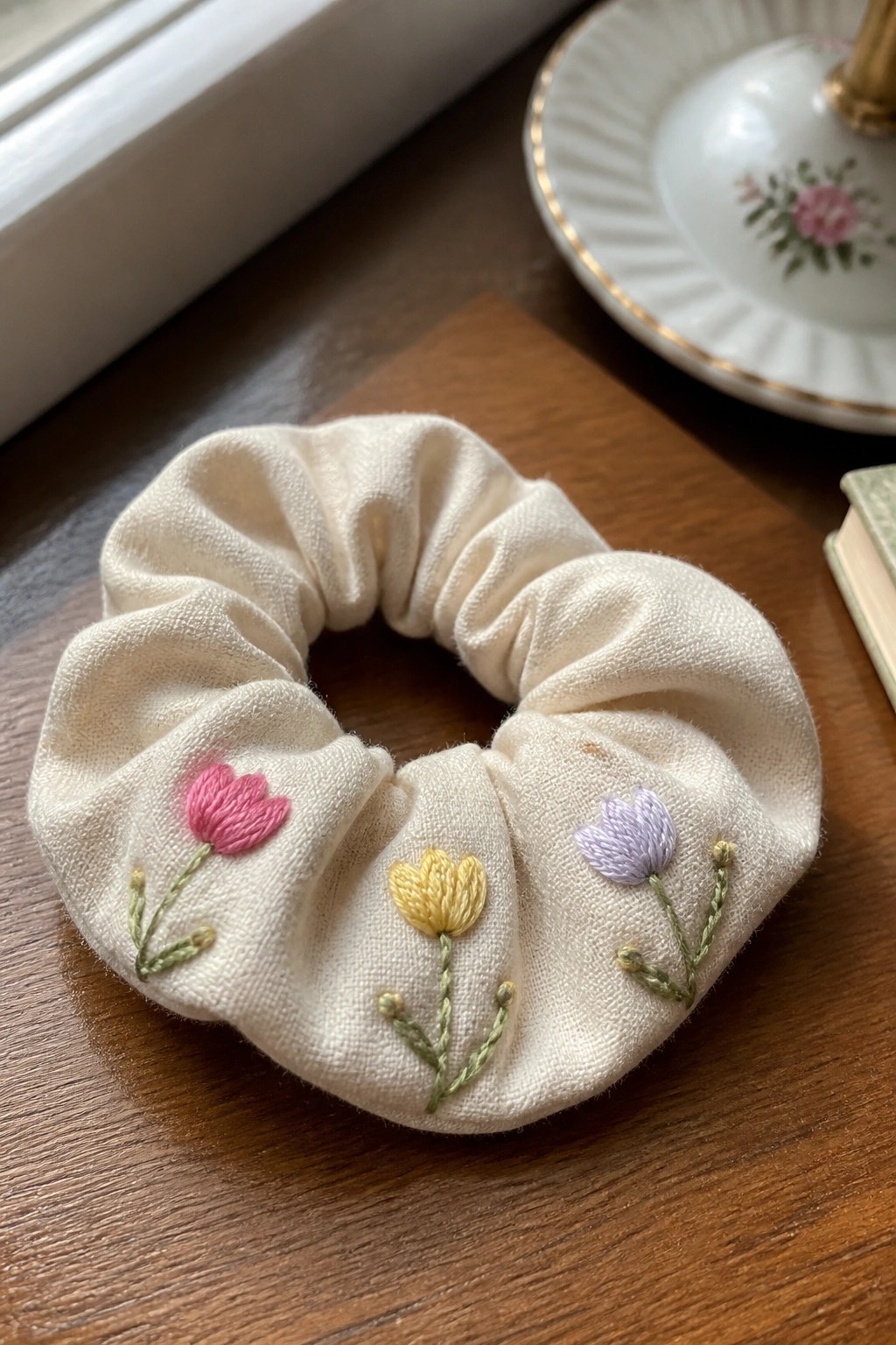 Embroidered cream scrunchie with pink, yellow, and lavender flowers on wood