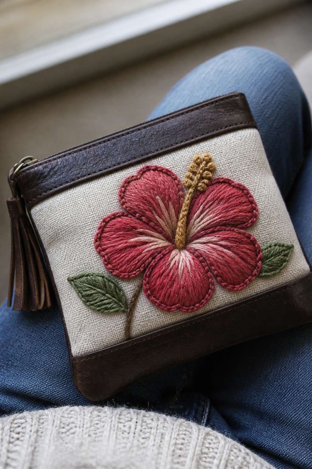 Beige canvas pouch with red hibiscus embroidery and brown leather trim on blue jeans.