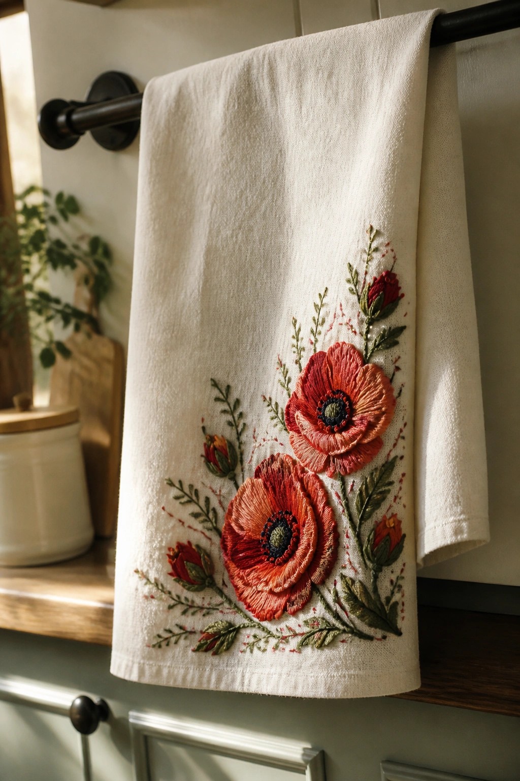 A white towel with embroidered red poppies and green leaves hanging from a black rod in a kitchen.