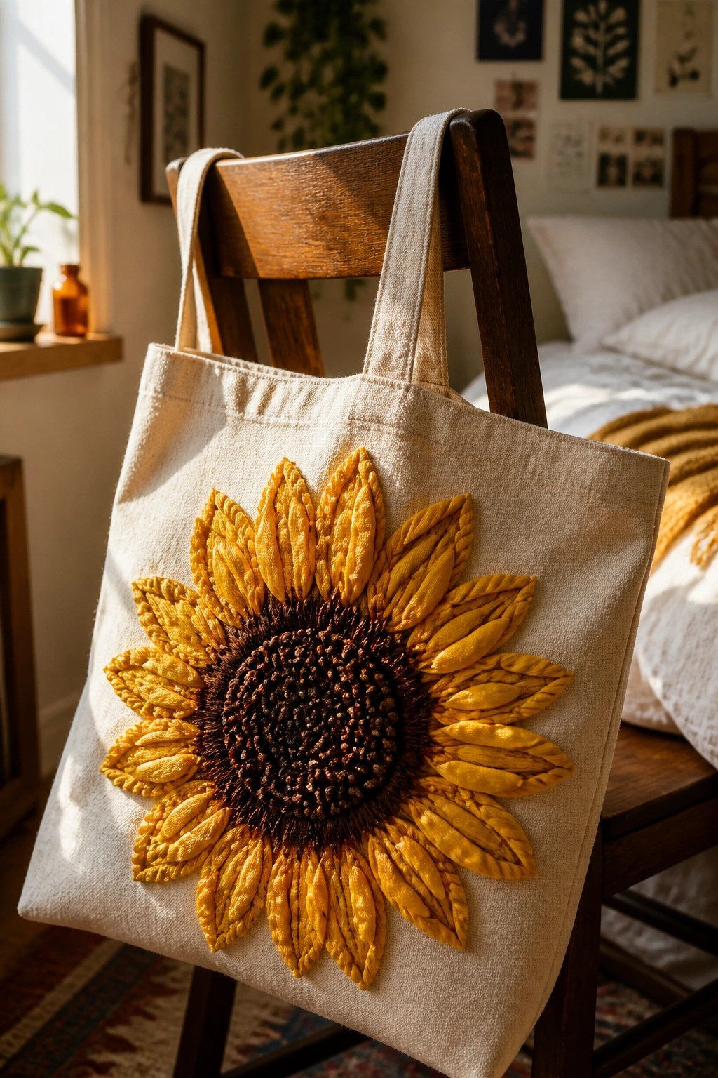 Cream canvas tote with large yellow sunflower design on wooden chair in bedroom