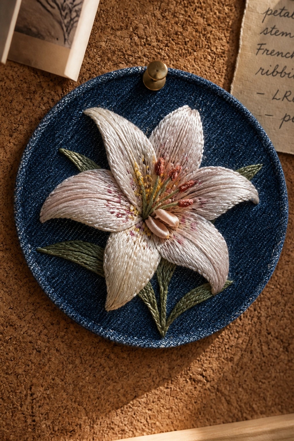 Embroidered white lily with green leaves on blue circular fabric, gold pin attached.
