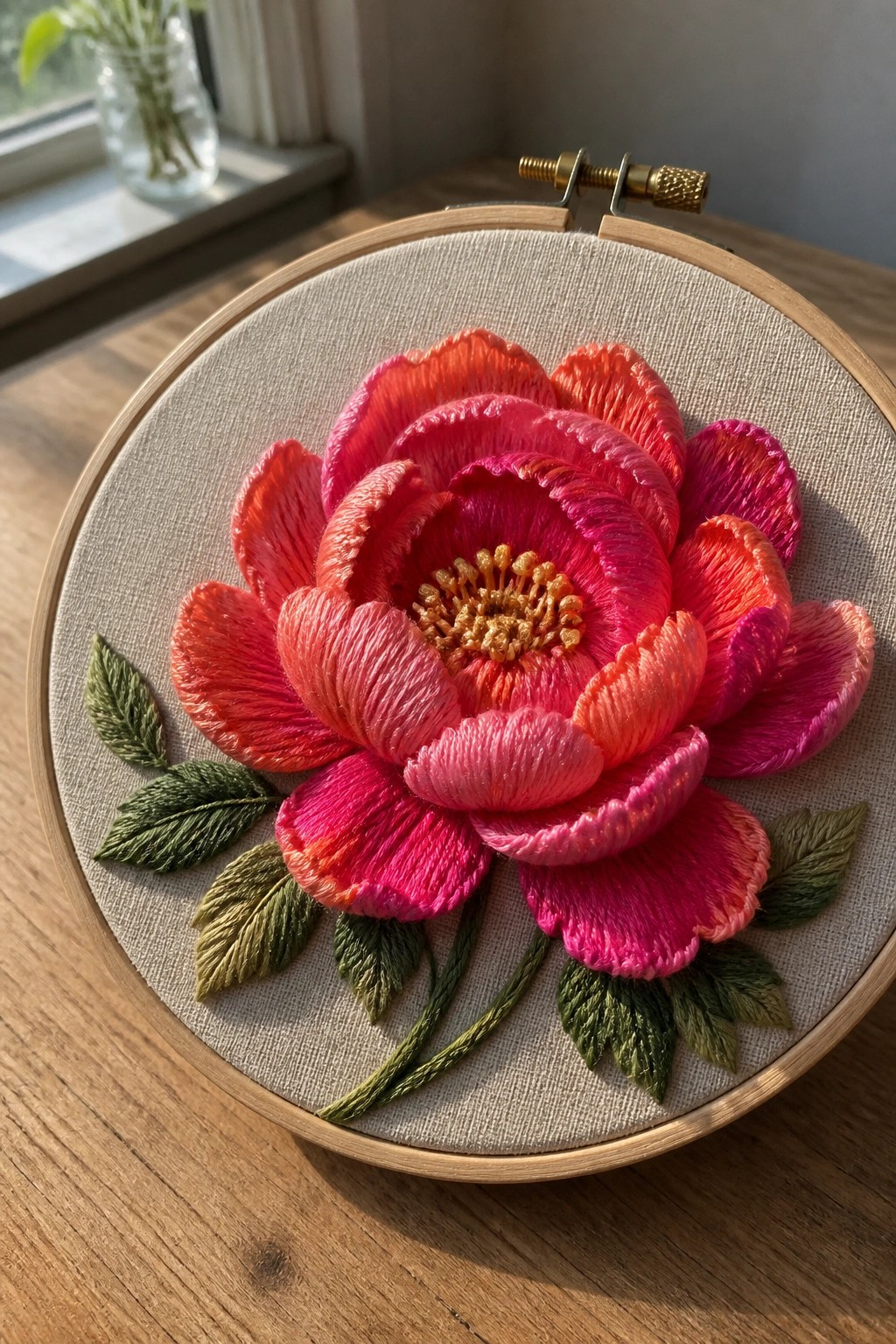 Embroidered pink and red peony with yellow center and green leaves in hoop