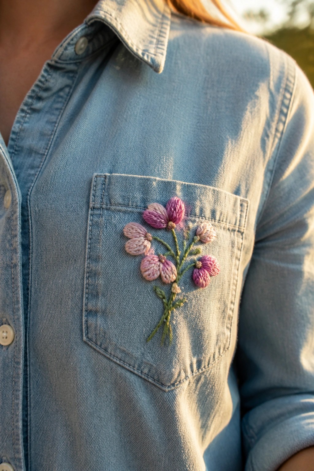 Light blue denim shirt with pink and purple floral embroidery on chest pocket