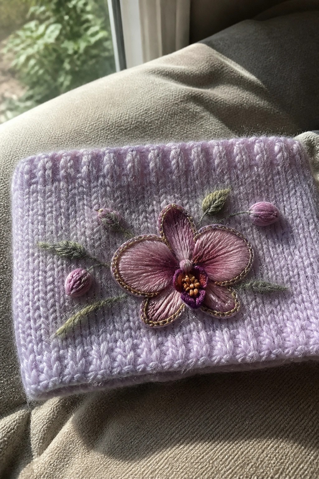 Lavender ribbed knit cuff with embroidered pink flower, gold outline, buds and leaves