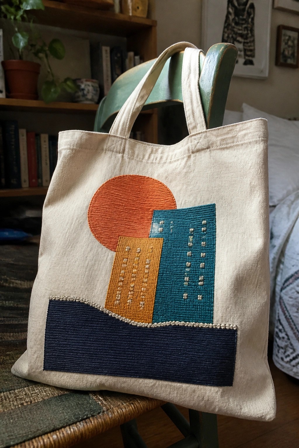 Embroidered canvas tote bag with orange sun and abstract buildings on green chair