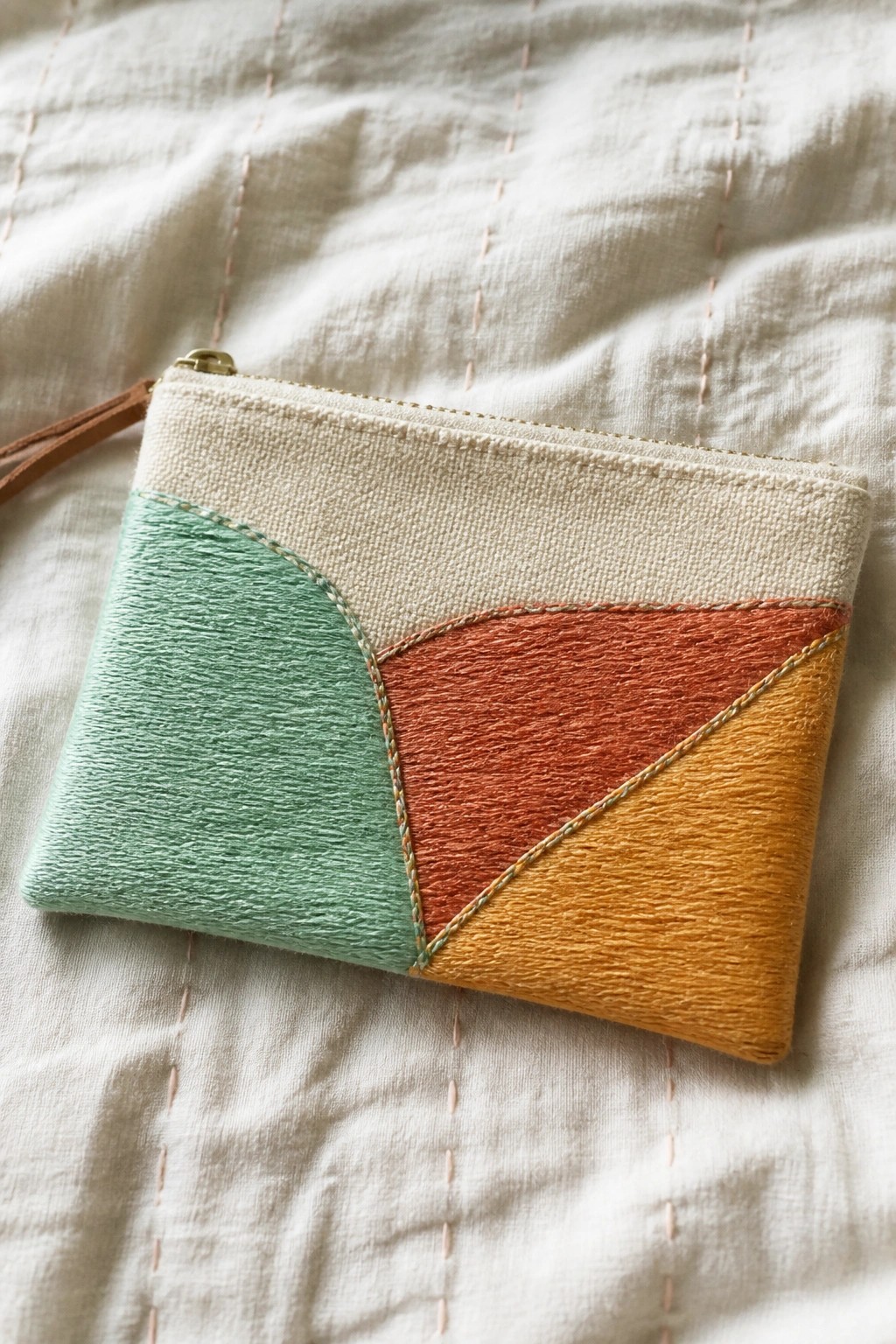 Patchwork zippered pouch in mint green, orange, and yellow on white quilted fabric