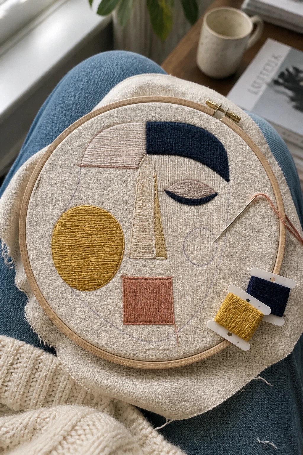 Abstract face embroidery in hoop on blue jeans lap with thread spools