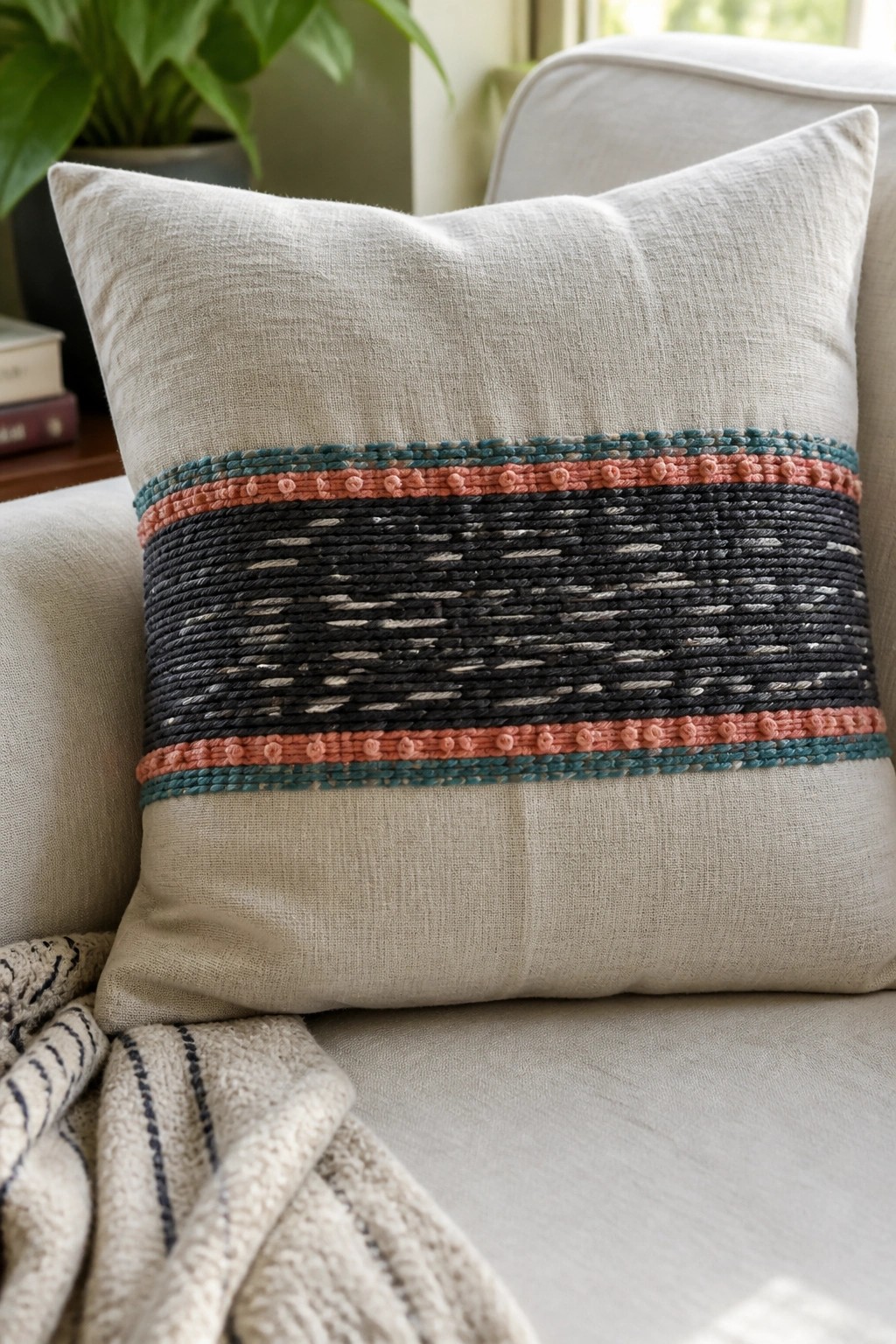 Beige linen pillow with teal coral black woven band on light sofa