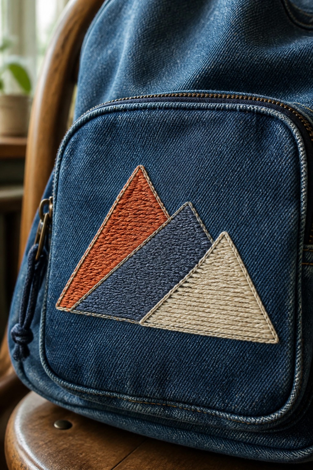 Blue denim backpack with embroidered mountain range in orange, blue, and beige.