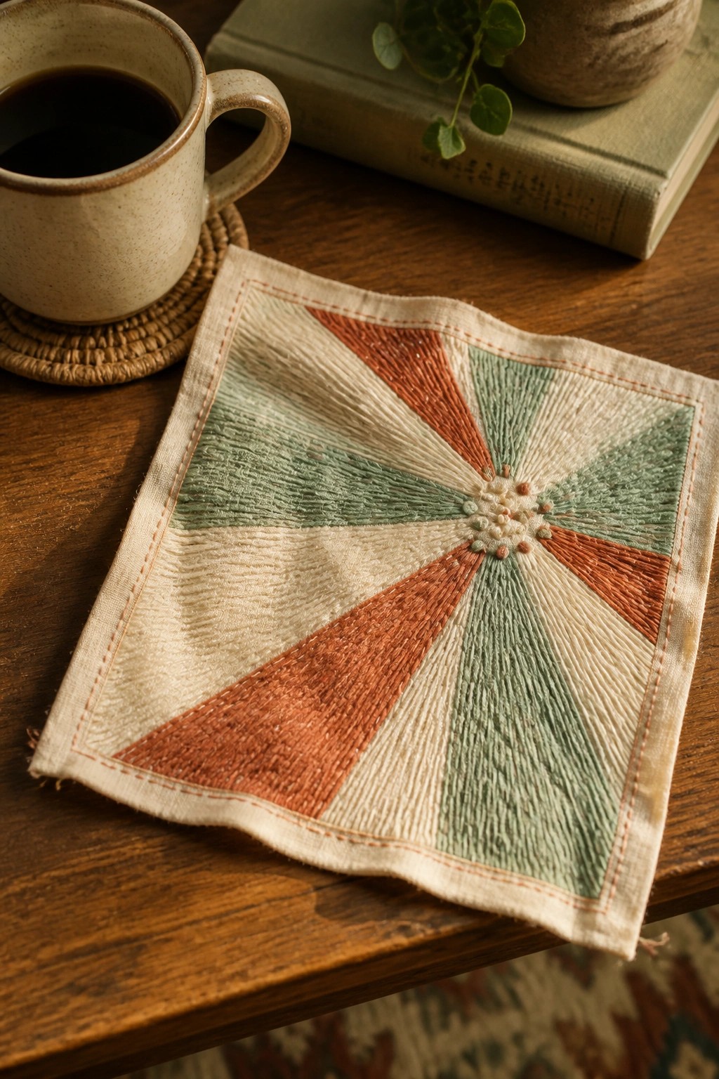 Embroidered square with radiating terracotta and green threads beside coffee mug on wood
