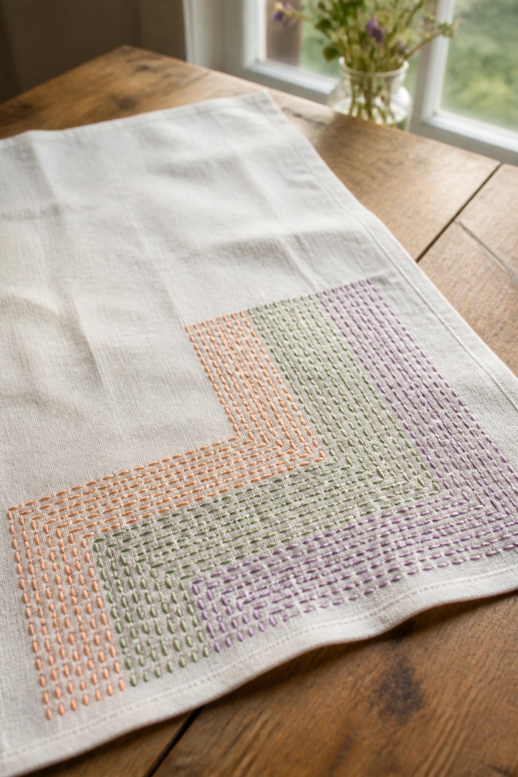 White linen runner with orange, green, and purple geometric embroidery on wooden table