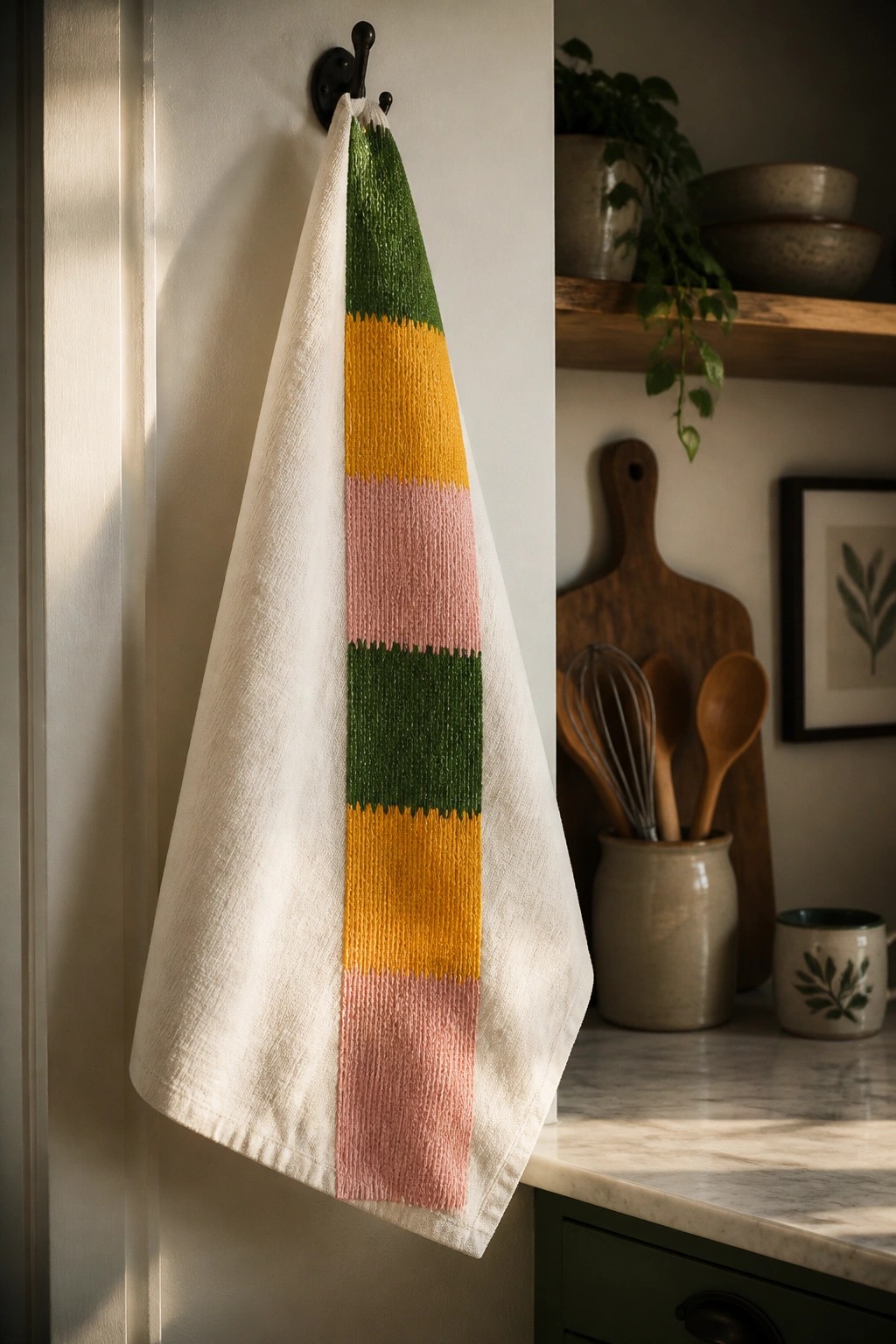 White towel with green, yellow, and pink stripes hanging on black hook