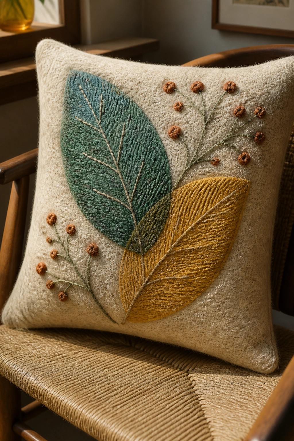 Beige embroidered pillow with teal and yellow leaves on wooden chair